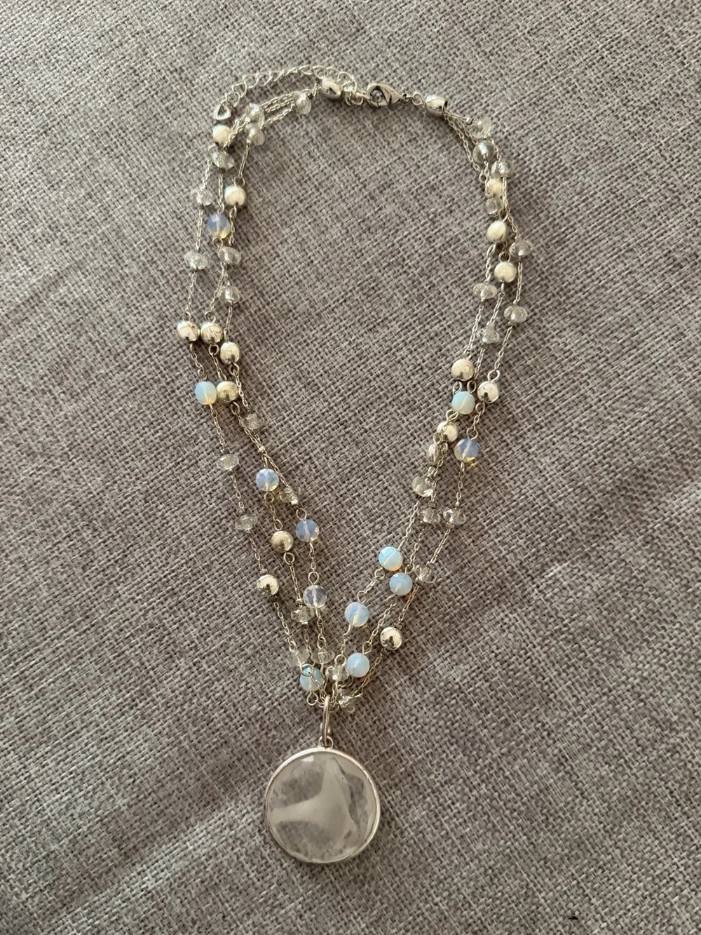 Silver Tone Layered Necklace with White and Opalite Beads and Glass Pendant